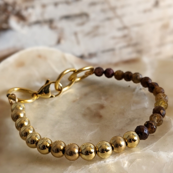 Natural Orange Yellow Sapphire & Gold Balls In Half And Half Beaded Bracelet - Picture 4 of 7